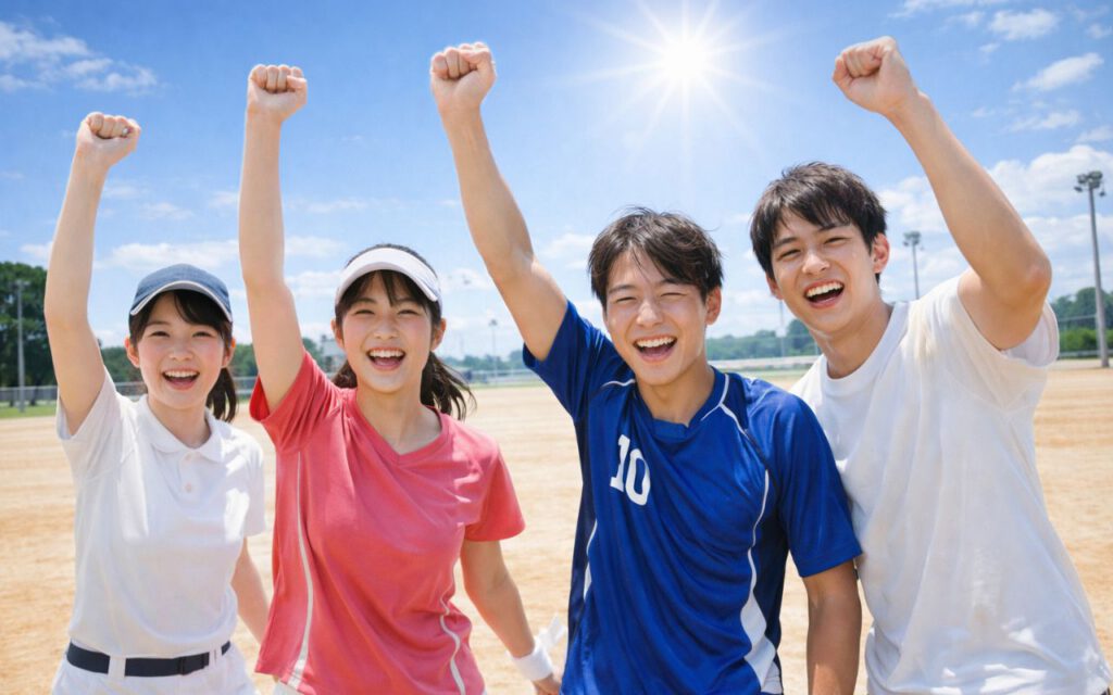 屋外スポーツを楽しむ学生アスリート4人が青空の下で笑顔で拳を上げている様子