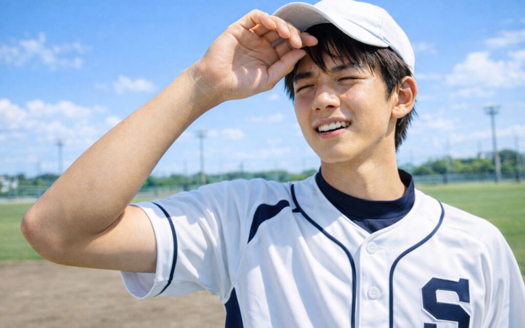 炎天下のグラウンドで日差しを気にする野球少年